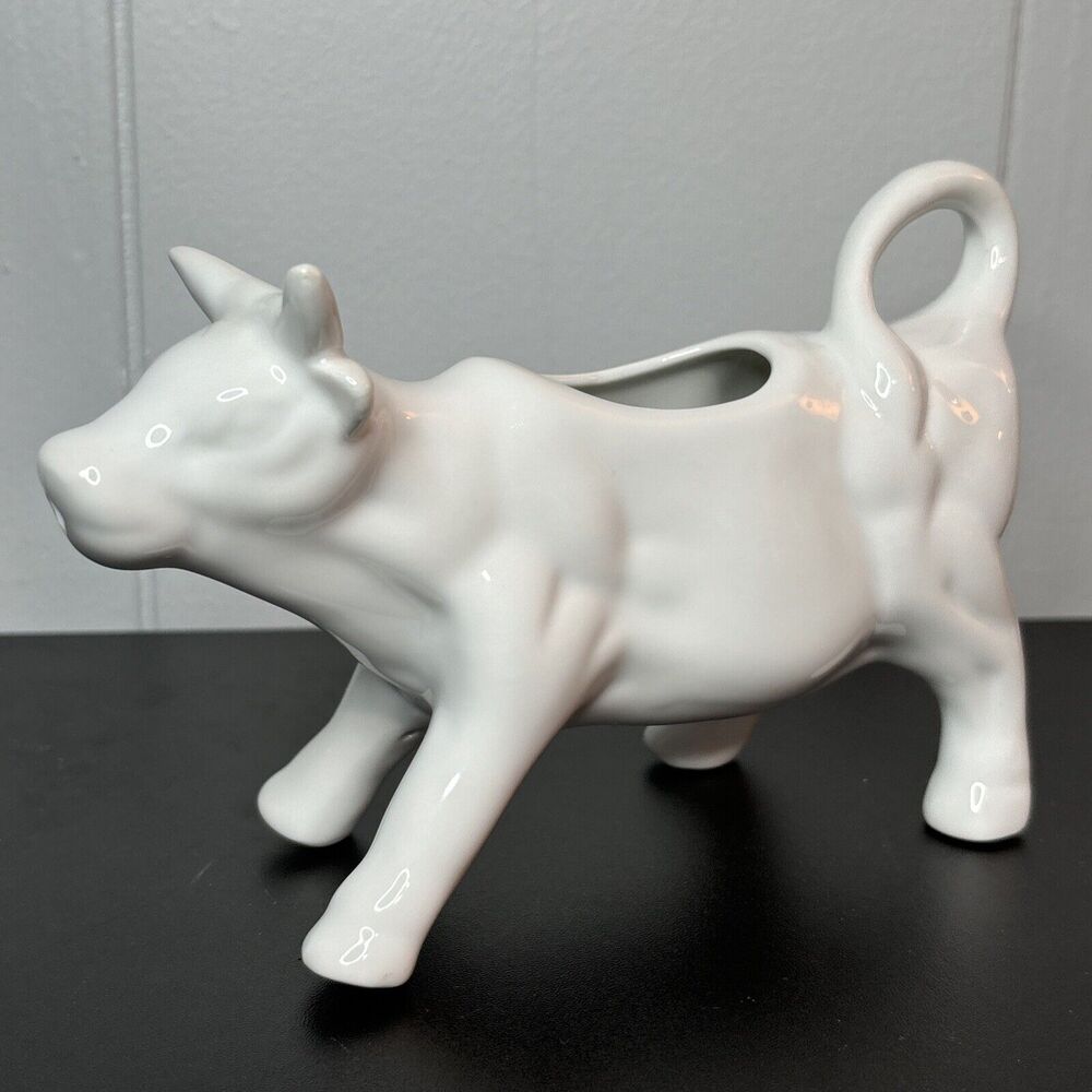 White Ceramic Cow Creamer 7” Rustic Farmhouse Chic - Picture 1 of 8